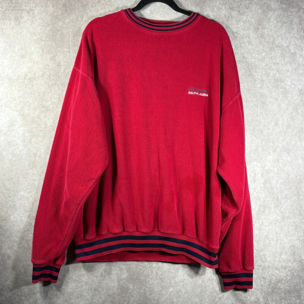 Chaps Ralph Lauren 90s Fleece Sweatshirt Mens XL Red Striped Trim Pullover Logo